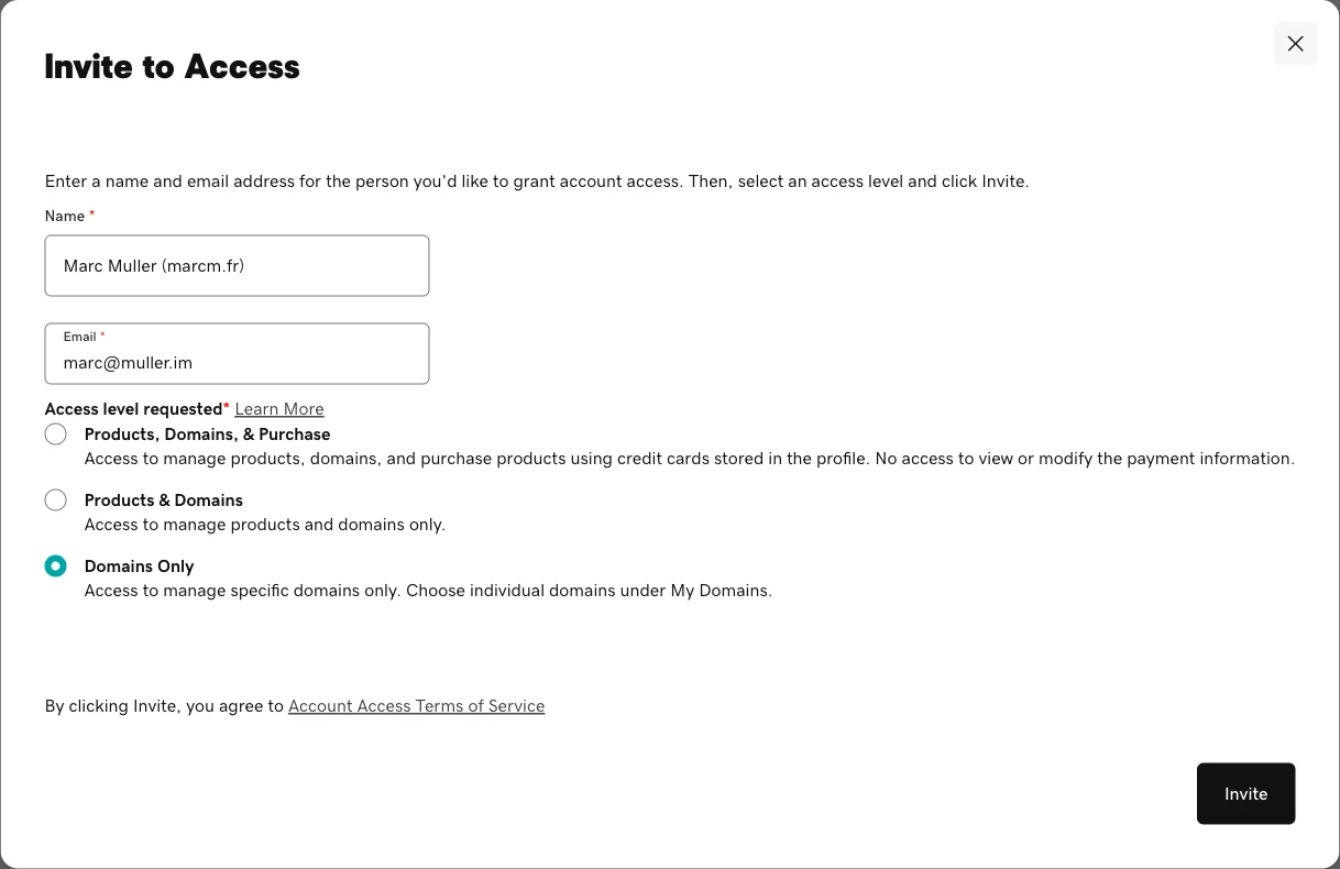 GoDaddy invite form filled in with the "Domains Only" option selected and the "Invite" button active
